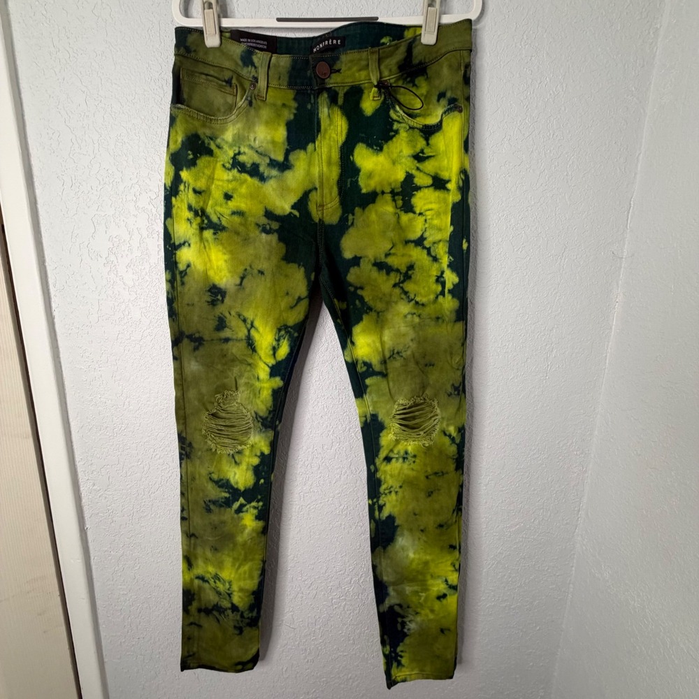 Monfrere Greyson Distressed Skinny Jeans NWT Mens 36‎ Neon Yellow Green Tie Dye